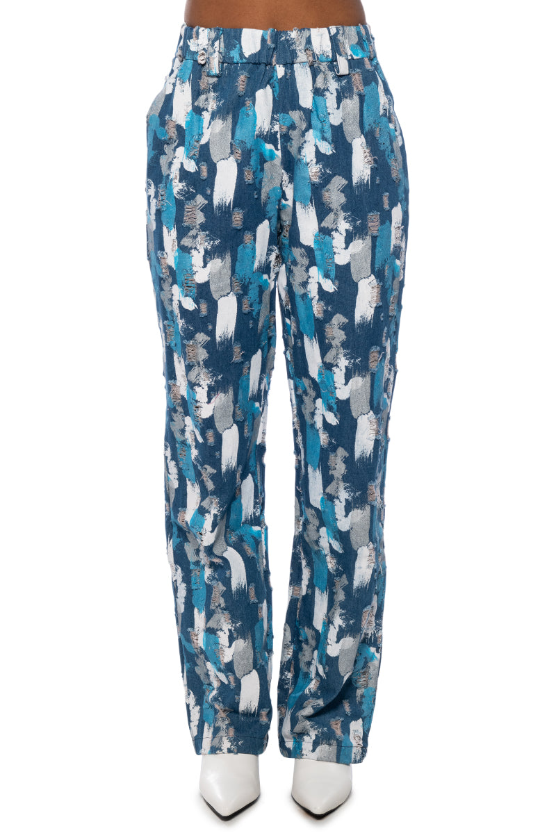 PAINTED BLUE HIGH WAIST WIDE LEG PANT