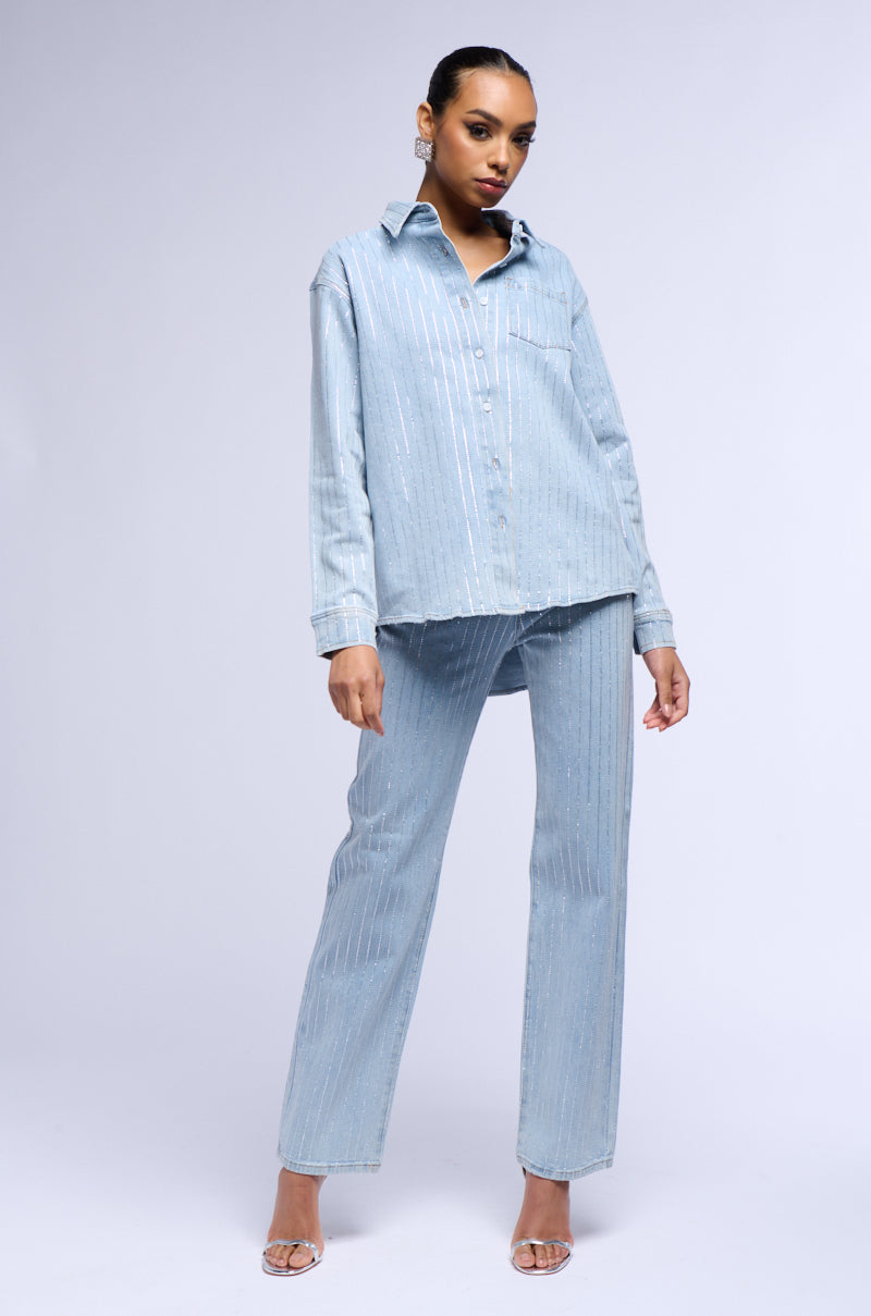 EFFORTLESS GLAM RHINESTONE STRIPE DENIM BUTTON DOWN