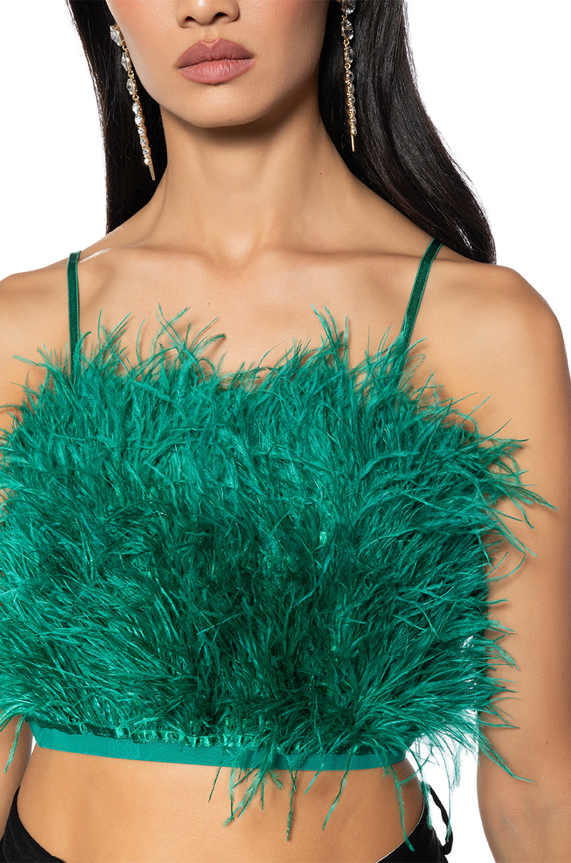 REAL OSTRICH FEATHER CROP TOP IN EMERALD