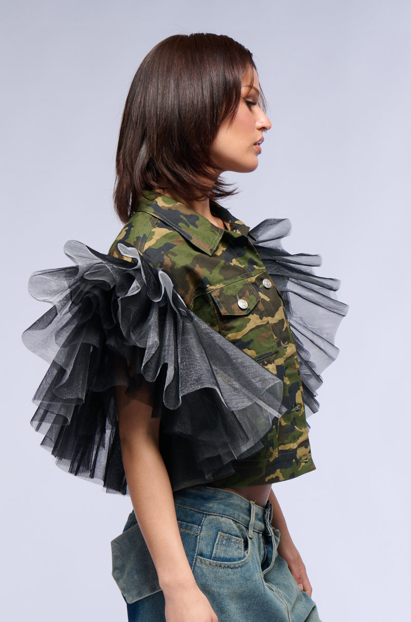 BEBE LUX TULLE SHOULDER CAMO VEST