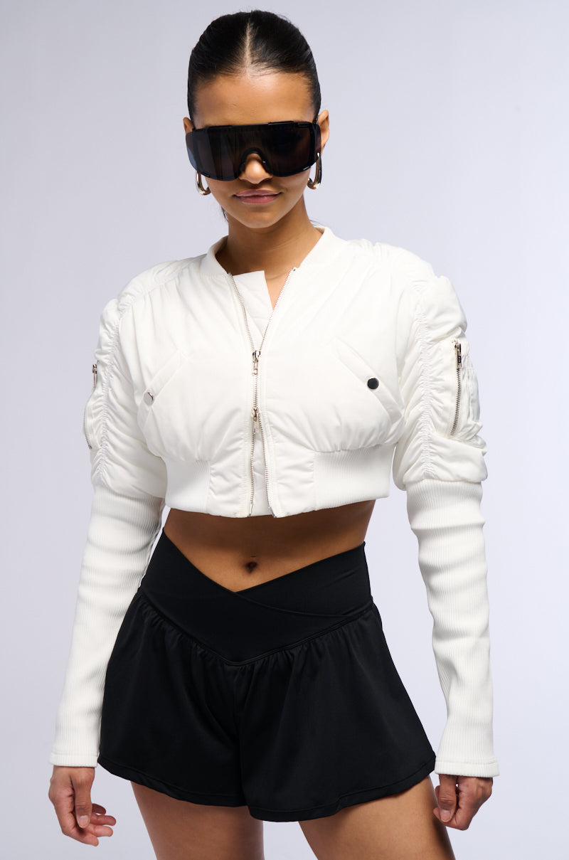 BABBS RIBBED SLEEVE BOMBER JACKET IN WHITE