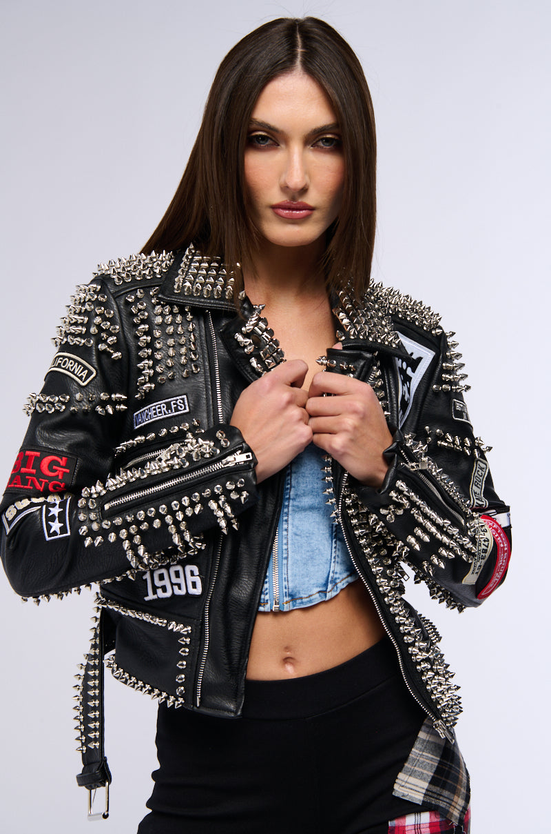 PUNK ROCK STUDDED PATCHWORK MOTO JACKET