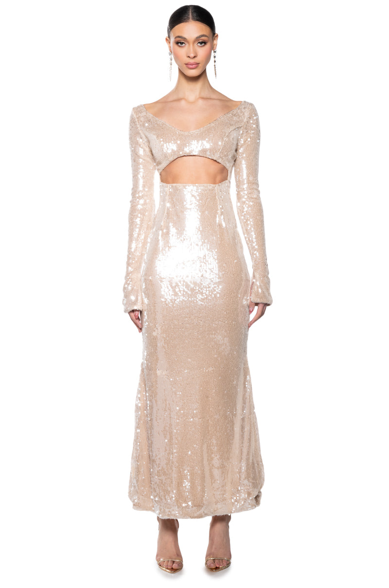 CHIC AND CLASSY CUT OUT SEQUIN MAXI DRESS