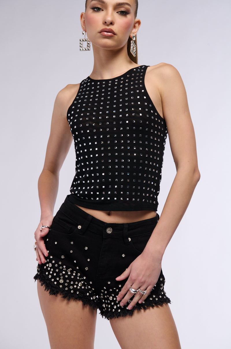 ALL STAR GIRL RHINESTONE EMBELLISHED MESH TANK IN BLACK