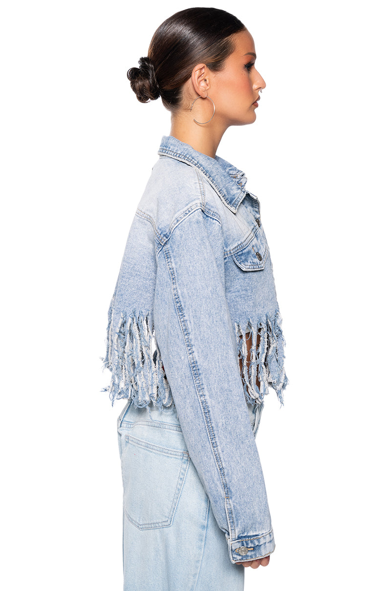 SHREDDED FRINGE CROPPED DENIM JACKET