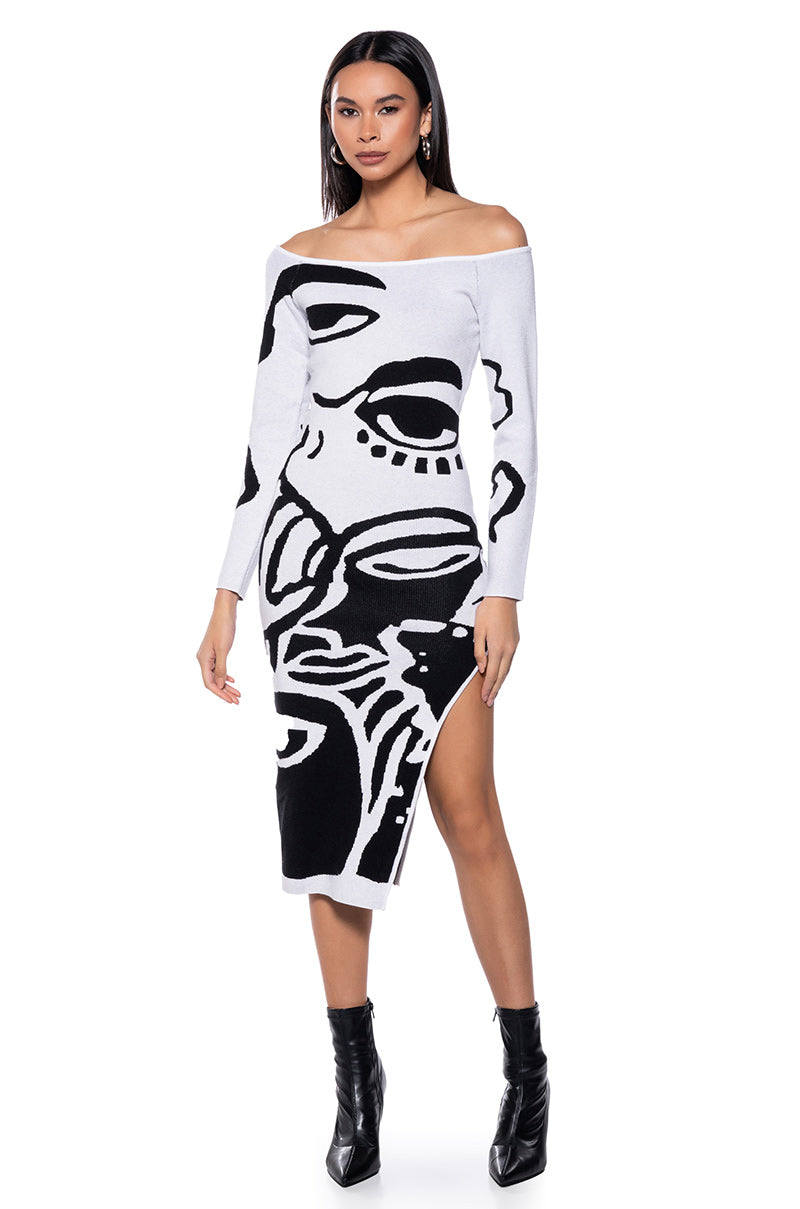 LOOK AT ME ABSTRACT PRINT KNIT MIDI DRESS