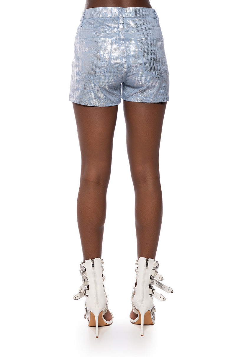 IN YOUR DREAMS METALLIC COATED DENIM SHORTS