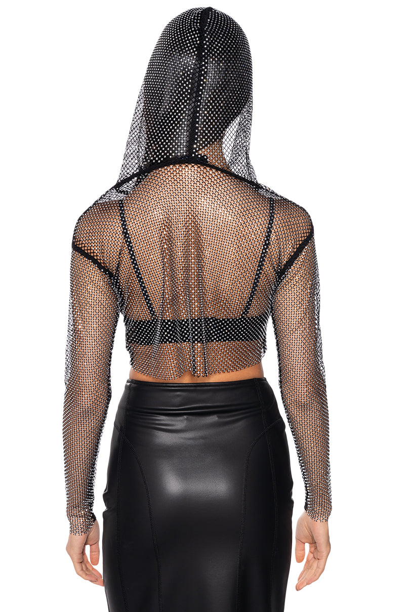 NORTH STAR RHINESTONE MESH HOODED LONG SLEEVE CROP TOP IN BLACK