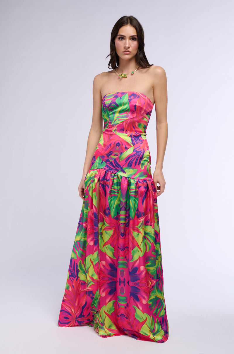 TROPICAL GETAWAY SATIN PRINTED MAXI DRESS