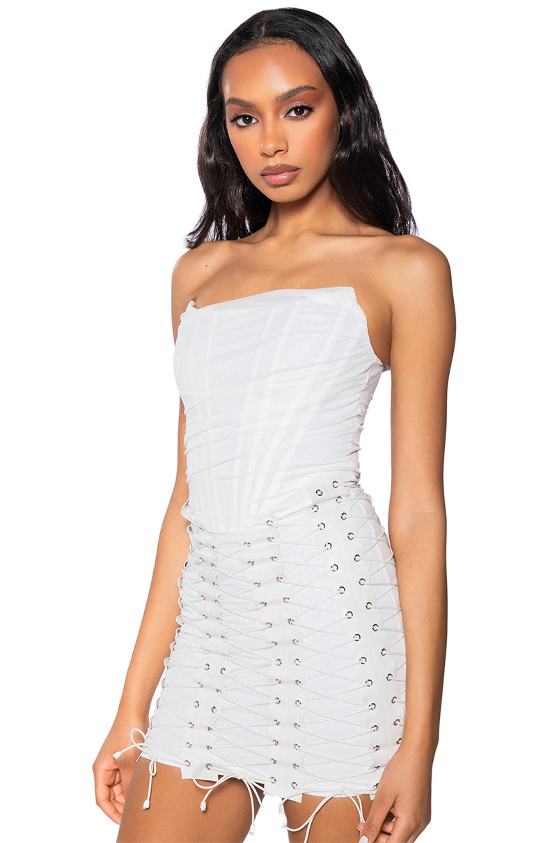 LACE ME UP MESH MINI DRESS