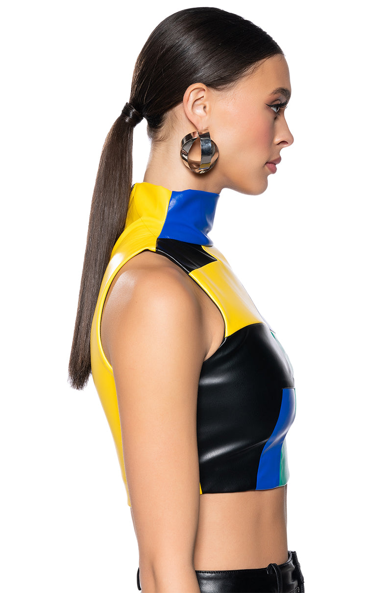 AMEILA COLOR BLOCK FAUX LEATHER CROP TOP