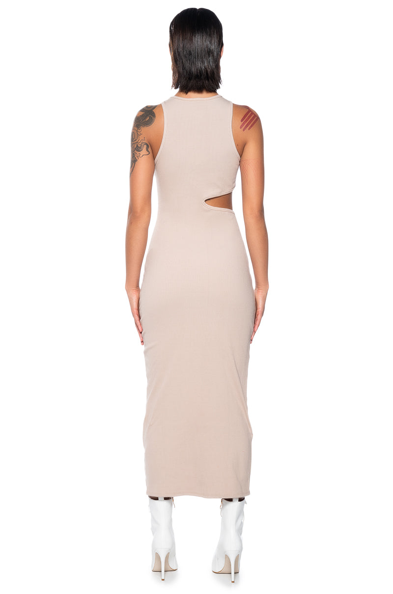 EFFORTLESS WIN SIDE CUTOUT MIDI DRESS