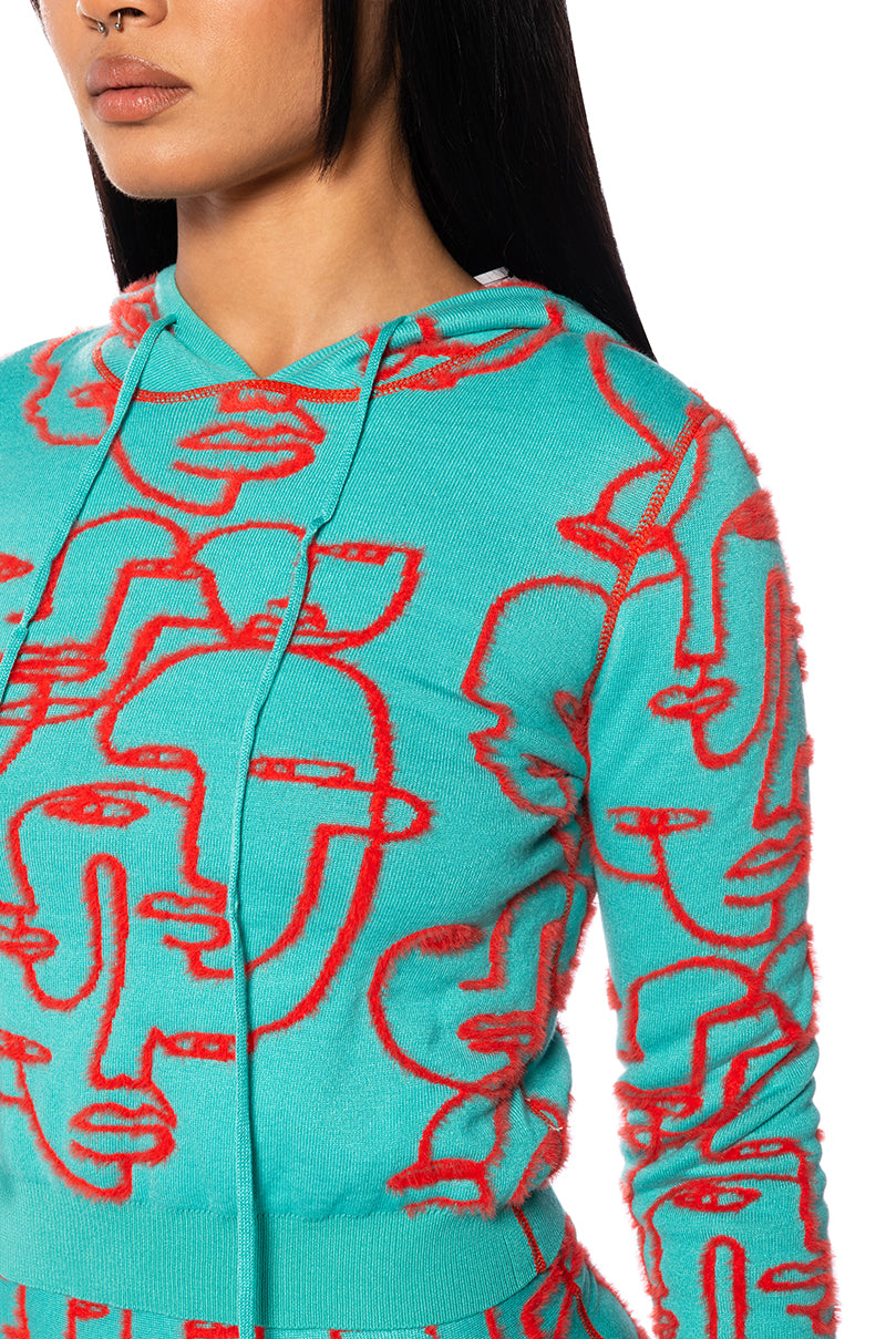 FACES AND PLACES REVERSIBLE KNIT HOODIE