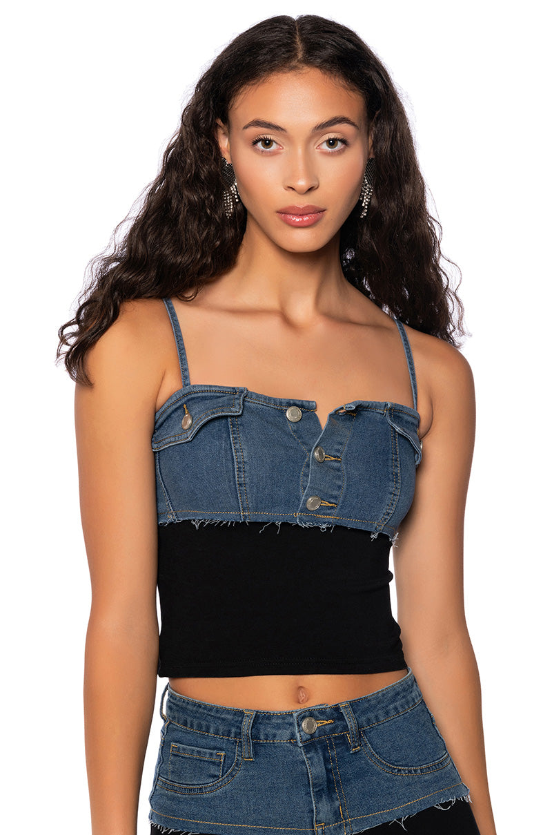 HOLLYWOOD DREAMS DENIM AND COTTON TUBE TOP