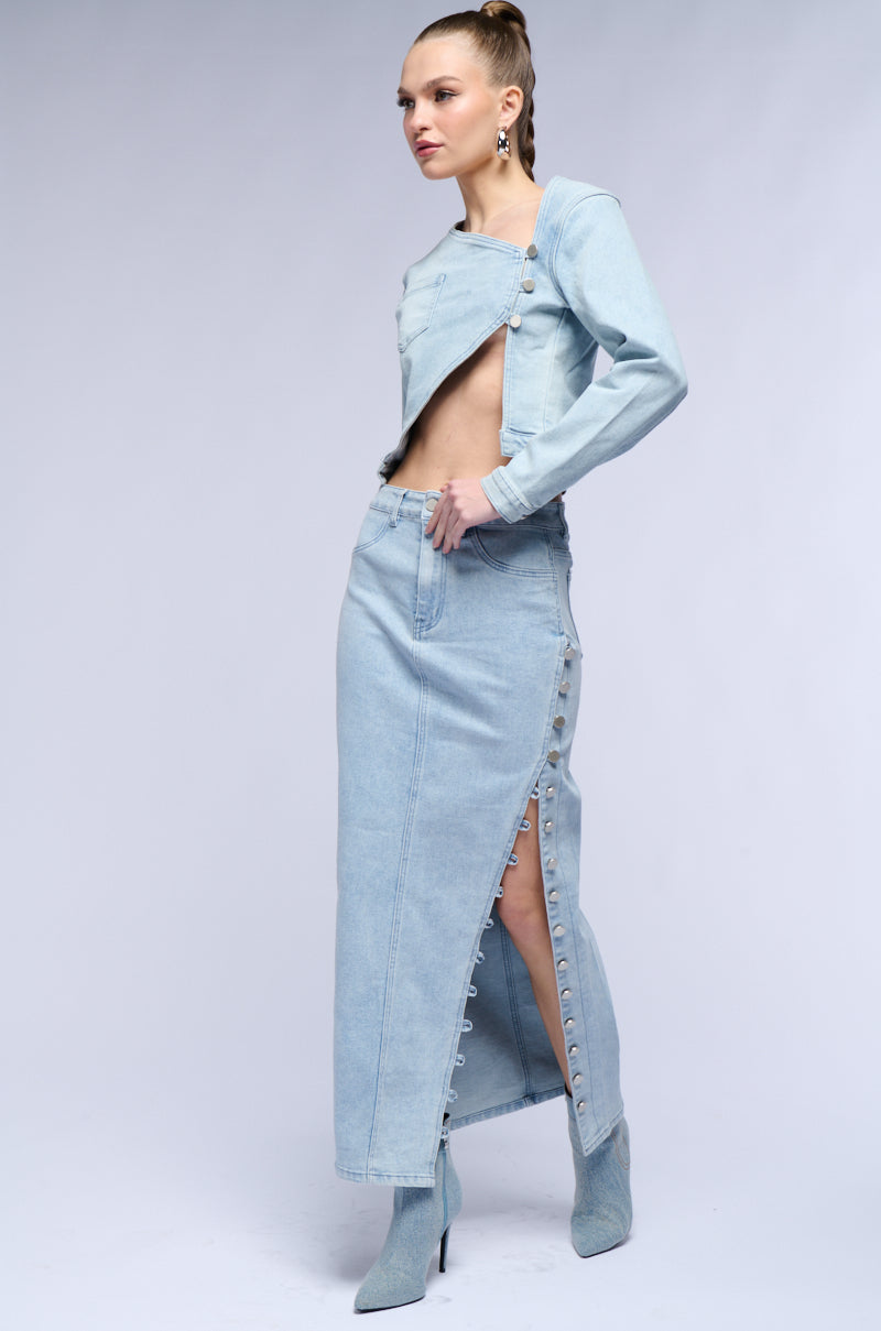 BRITNEY SIDE BUTTON DOWN DENIM MAXI SKIRT