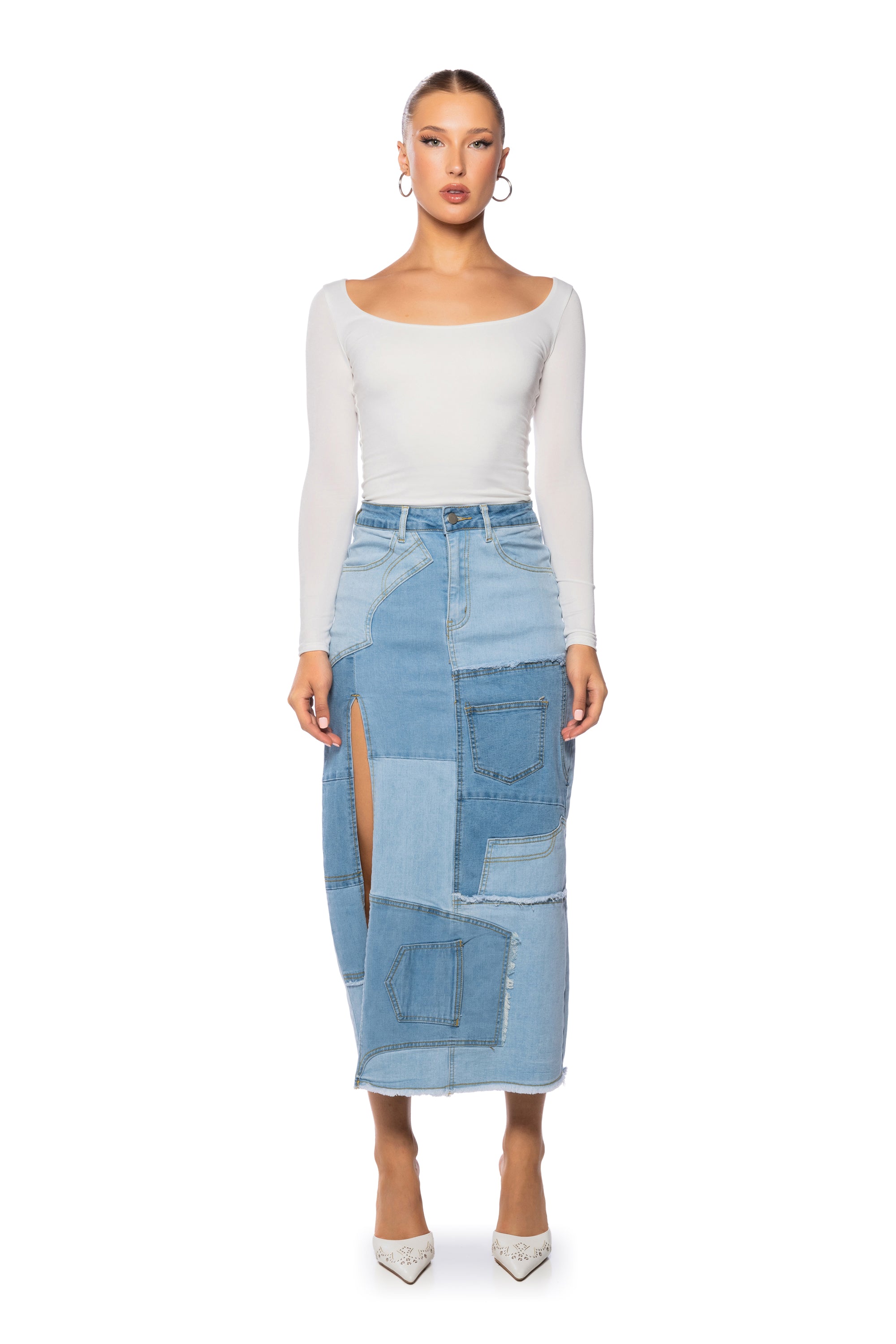 ANGEL PATCHWORK DENIM MAXI SKIRT