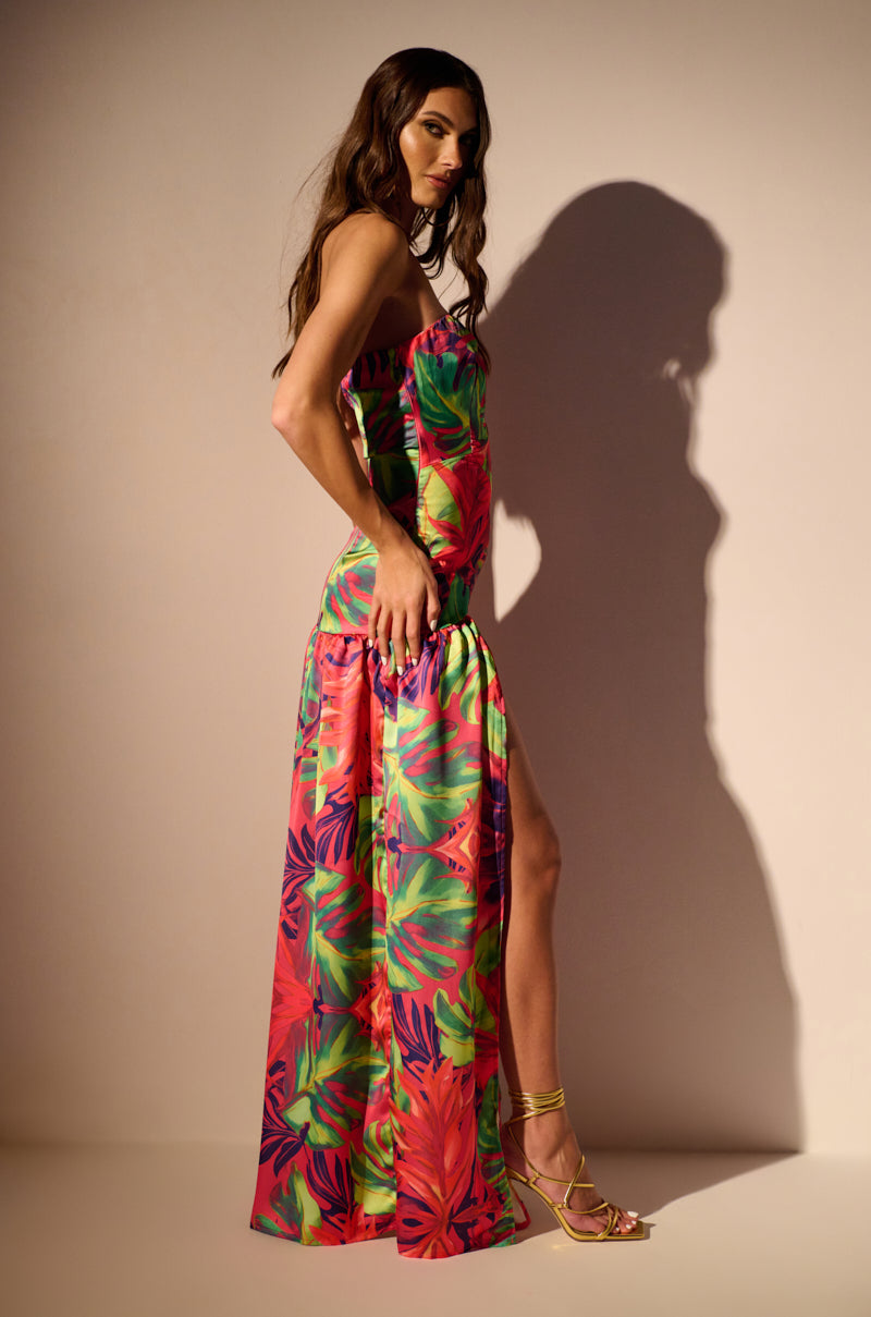 TROPICAL GETAWAY SATIN PRINTED MAXI DRESS