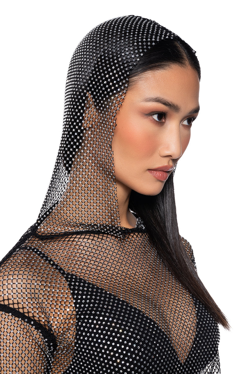 NORTH STAR RHINESTONE MESH HOODED LONG SLEEVE CROP TOP IN BLACK