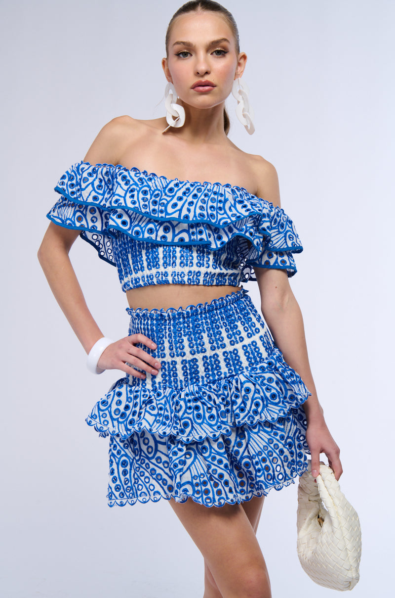 BLUE SUMMER LOVING OFF THE SHOULDER RUFFLE CROP BLOUSE