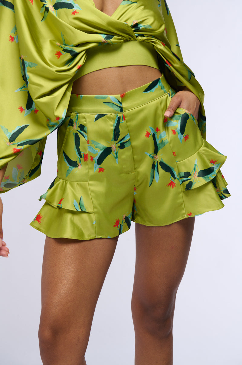 WE MEET AGAIN FLOUNCE SHORTS IN GREEN MULTI