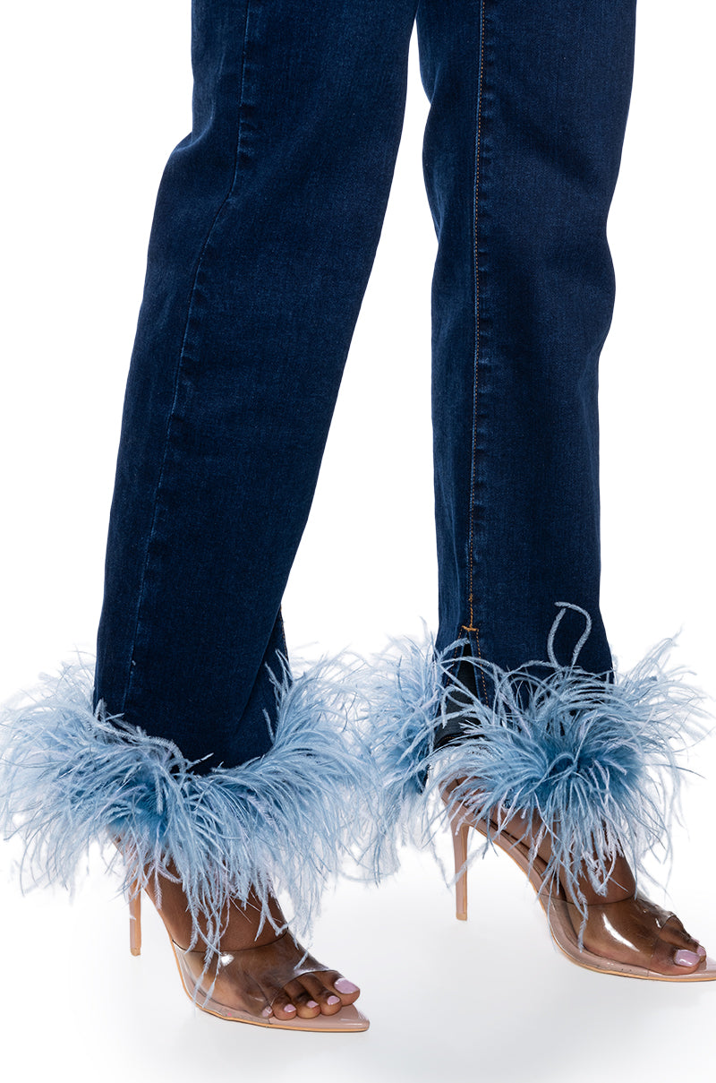 SANDY SLEEVELESS DENIM FEATHER TRIM JUMPSUIT