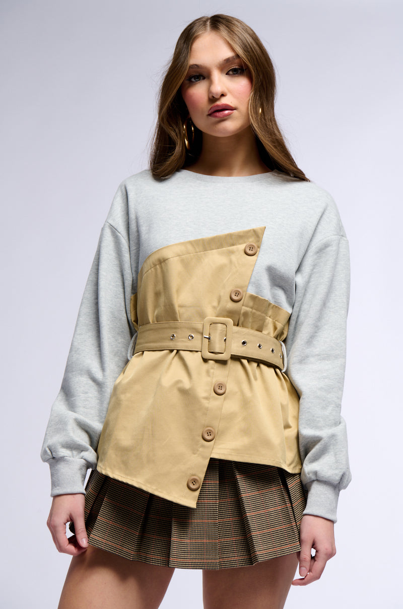 READY FOR ACTION BELTED MIXED MATERIAL SWEATSHIRT