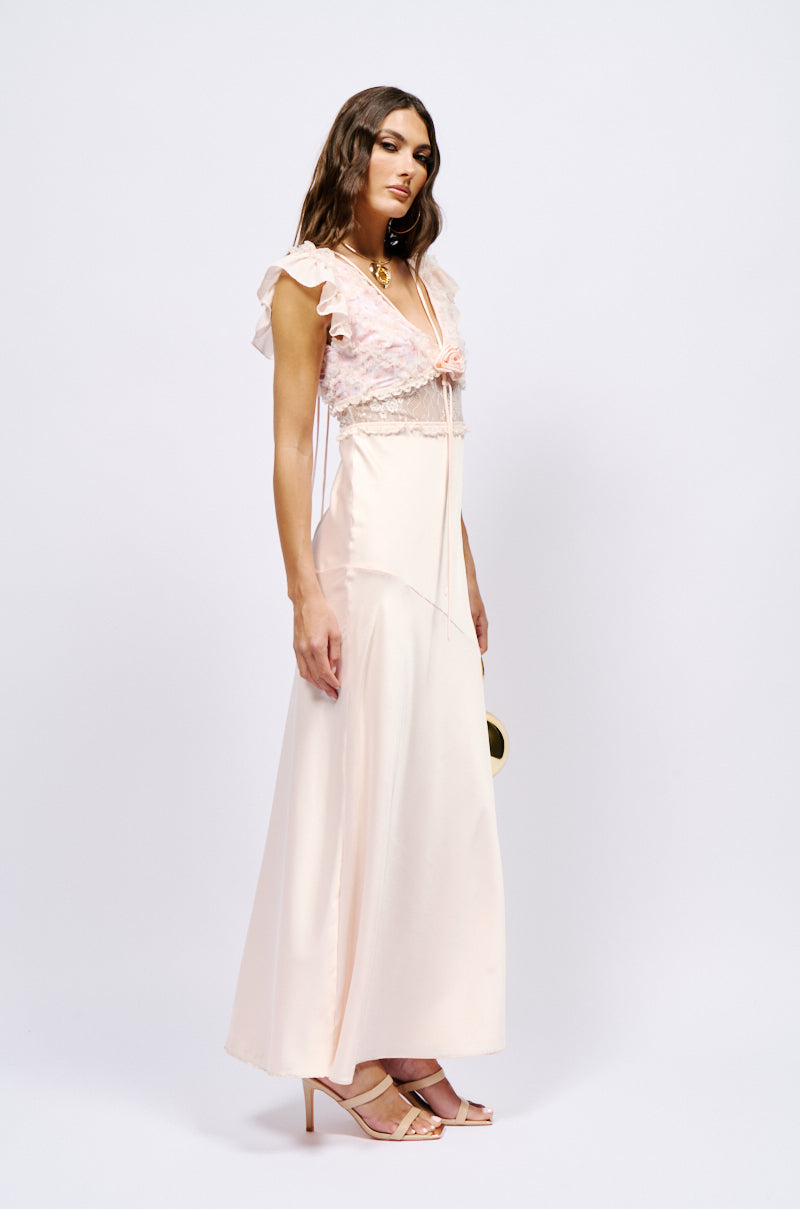 SAVING MYSELF FLOWER APPLIQUE LACE DETAIL SATIN MAXI DRESS