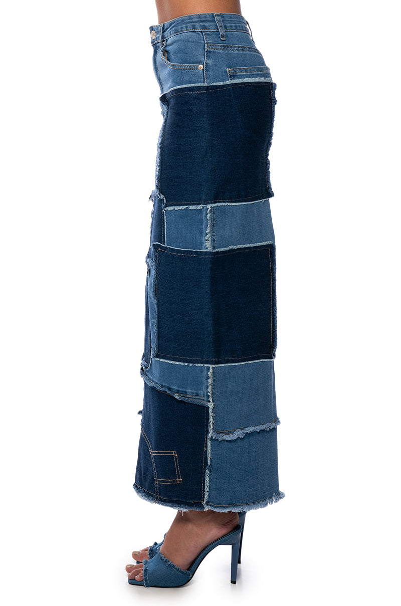 ALWAYS GOOD PATCHWORK DENIM MAXI SKIRT