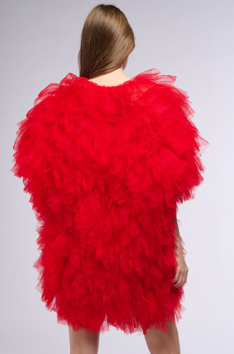 WANNA BE LOVED BY YOU TULLE WRAP SHRUG IN RED