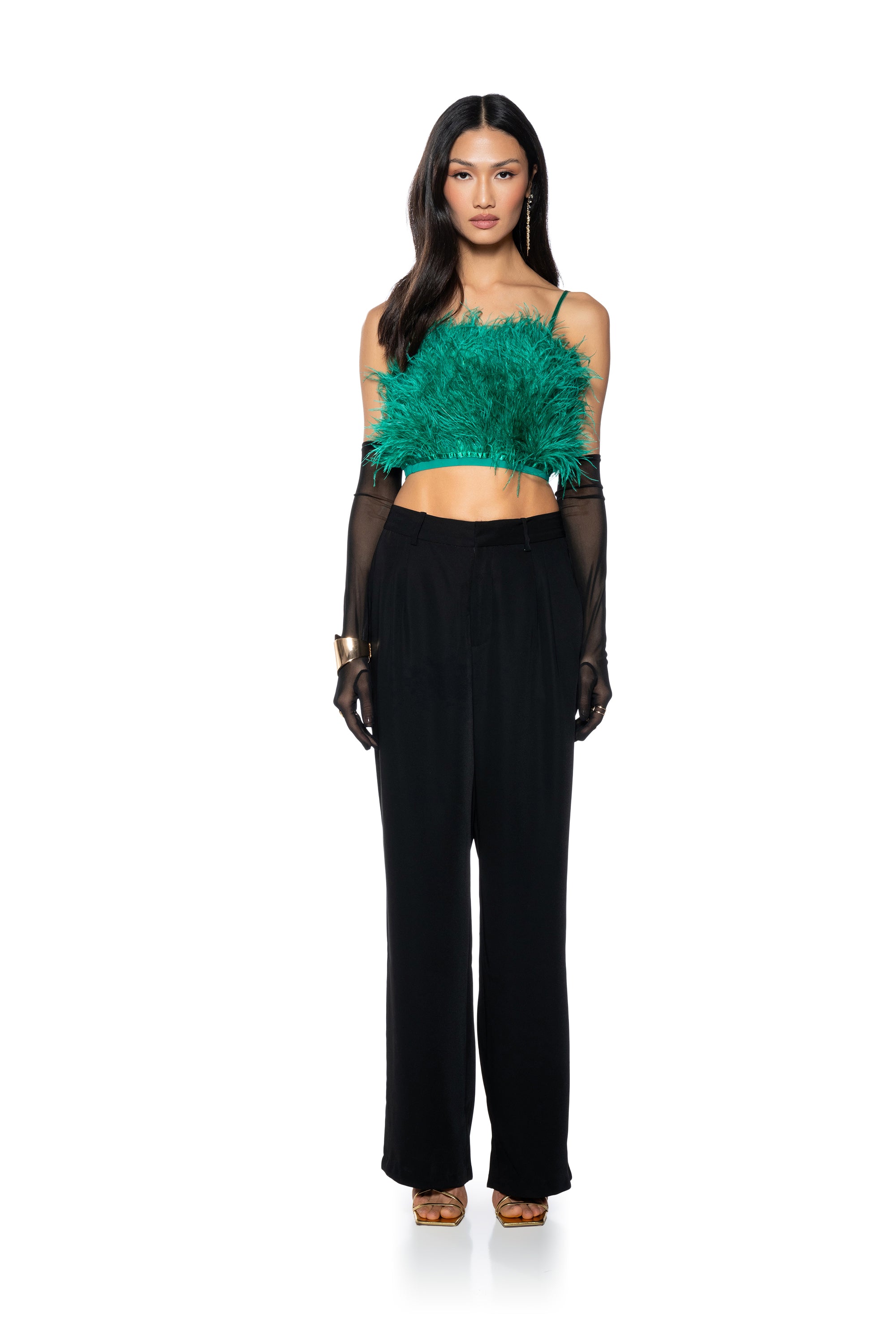 REAL OSTRICH FEATHER CROP TOP IN EMERALD