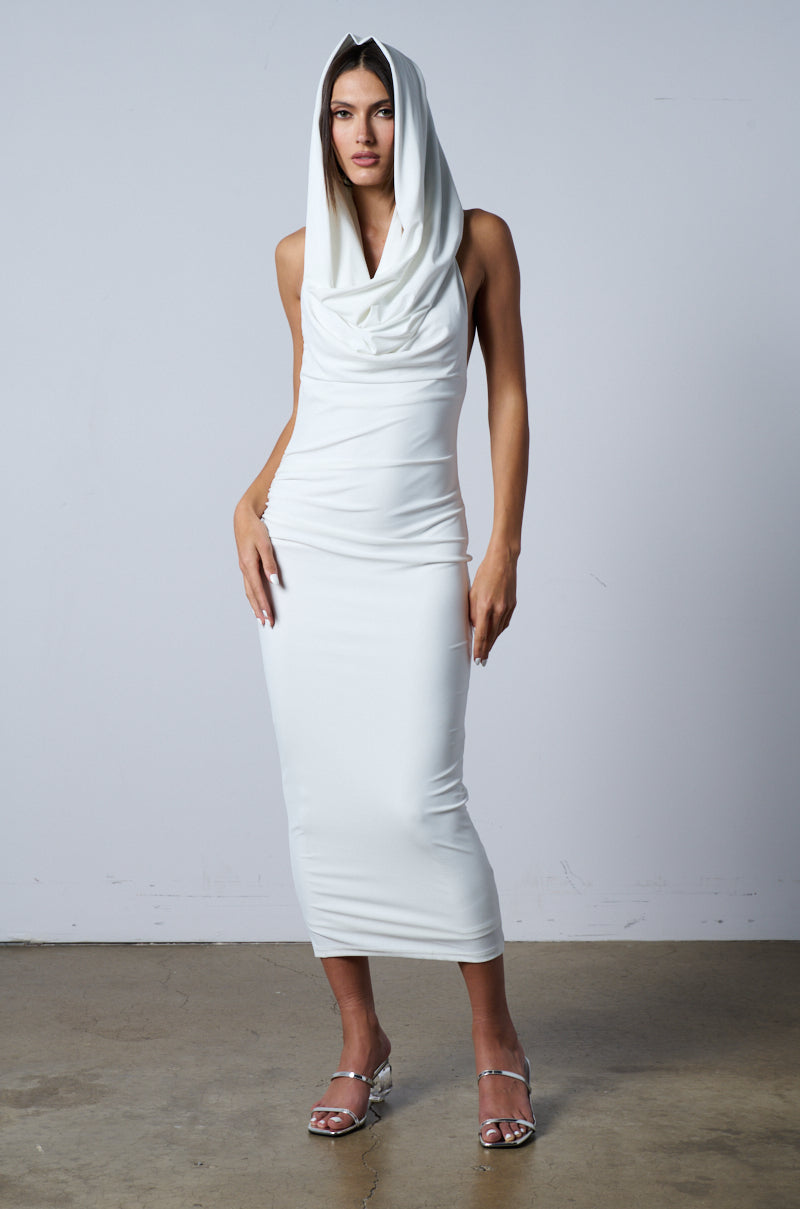 HOODED BEAUTY BACKLESS MIDI DRESS IN WHITE