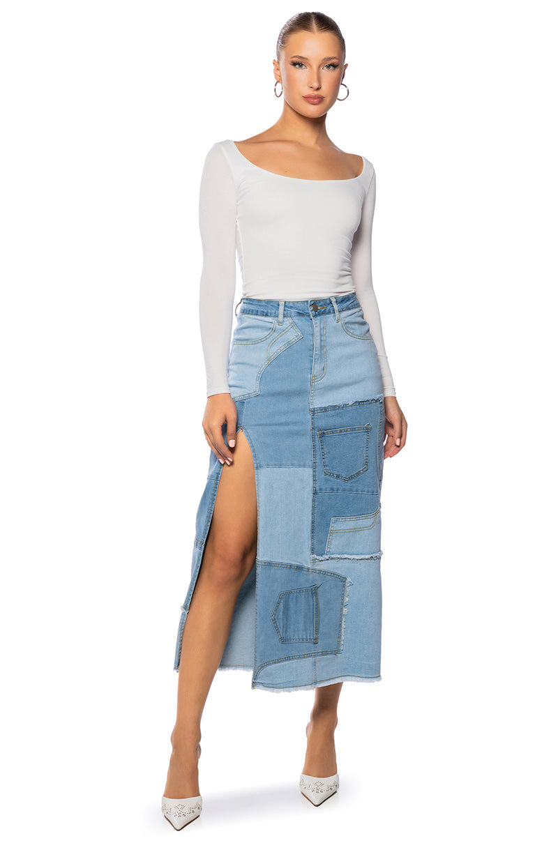 ANGEL PATCHWORK DENIM MAXI SKIRT