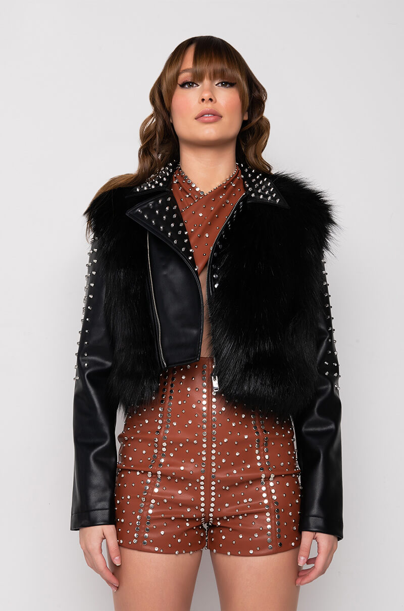 EMMS STUDDED FAUX FUR JACKET