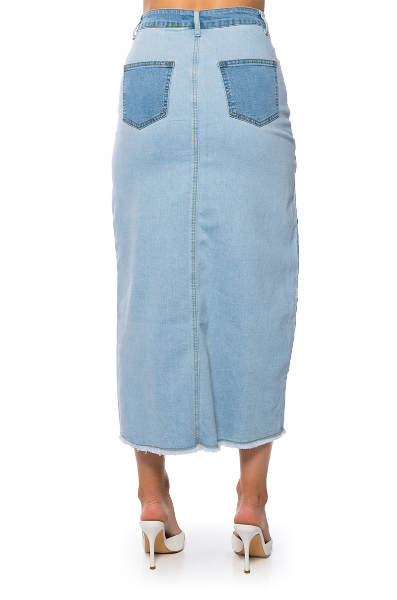 ANGEL PATCHWORK DENIM MAXI SKIRT