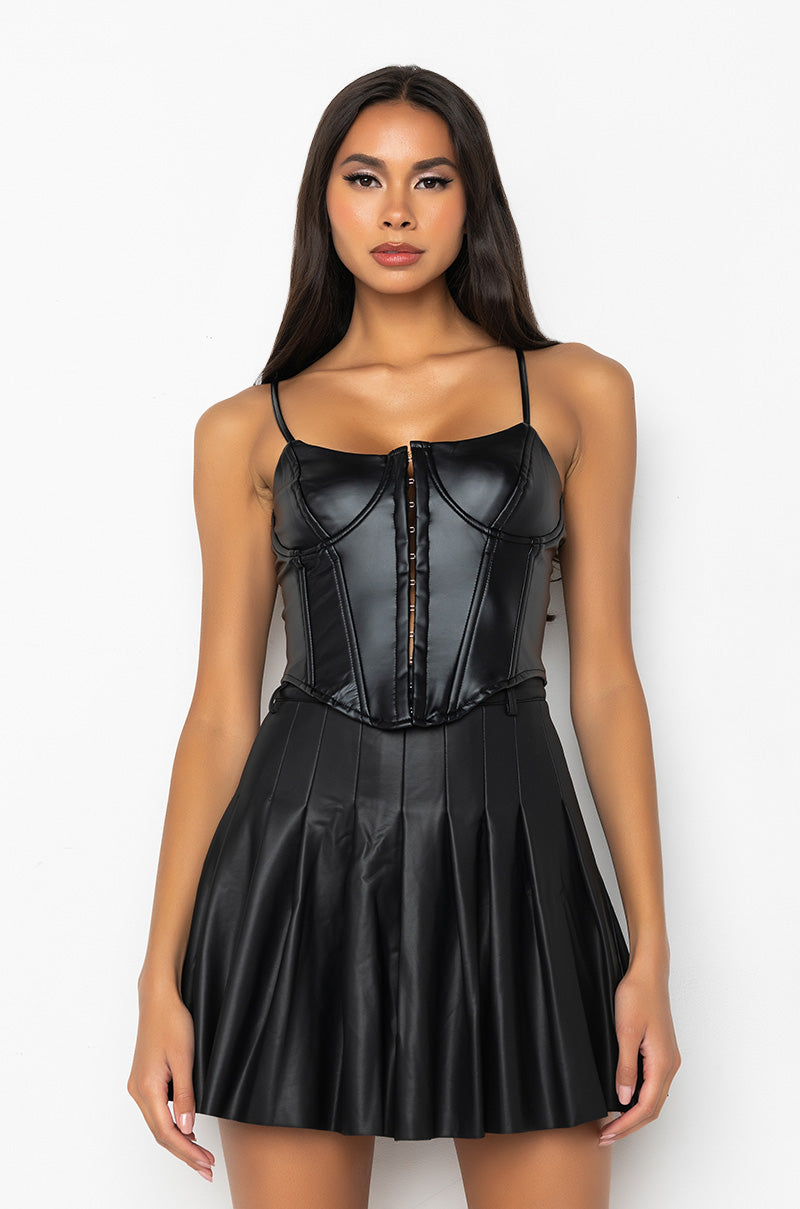 BE ABOUT IT SLEEVELESS FAUX LEATHER CORSET