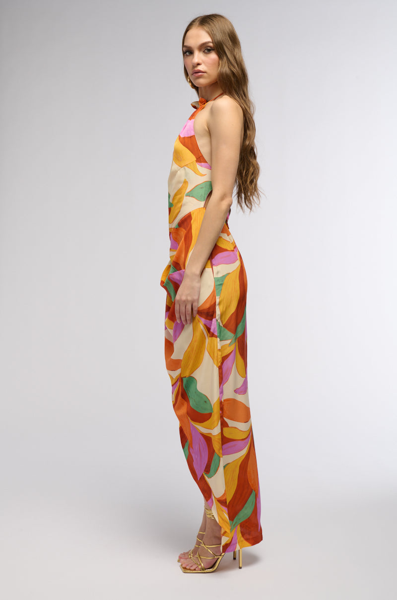 BOTANICAL BEAUTY PRINTED MIDI DRESS IN ORANGE MULTI