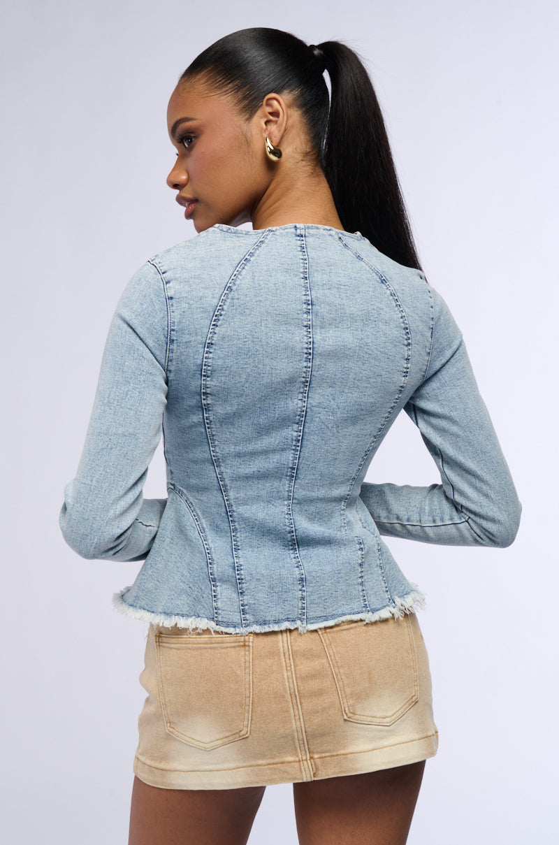 MIRROR MIRROR DENIM PEPLUM BLOUSE