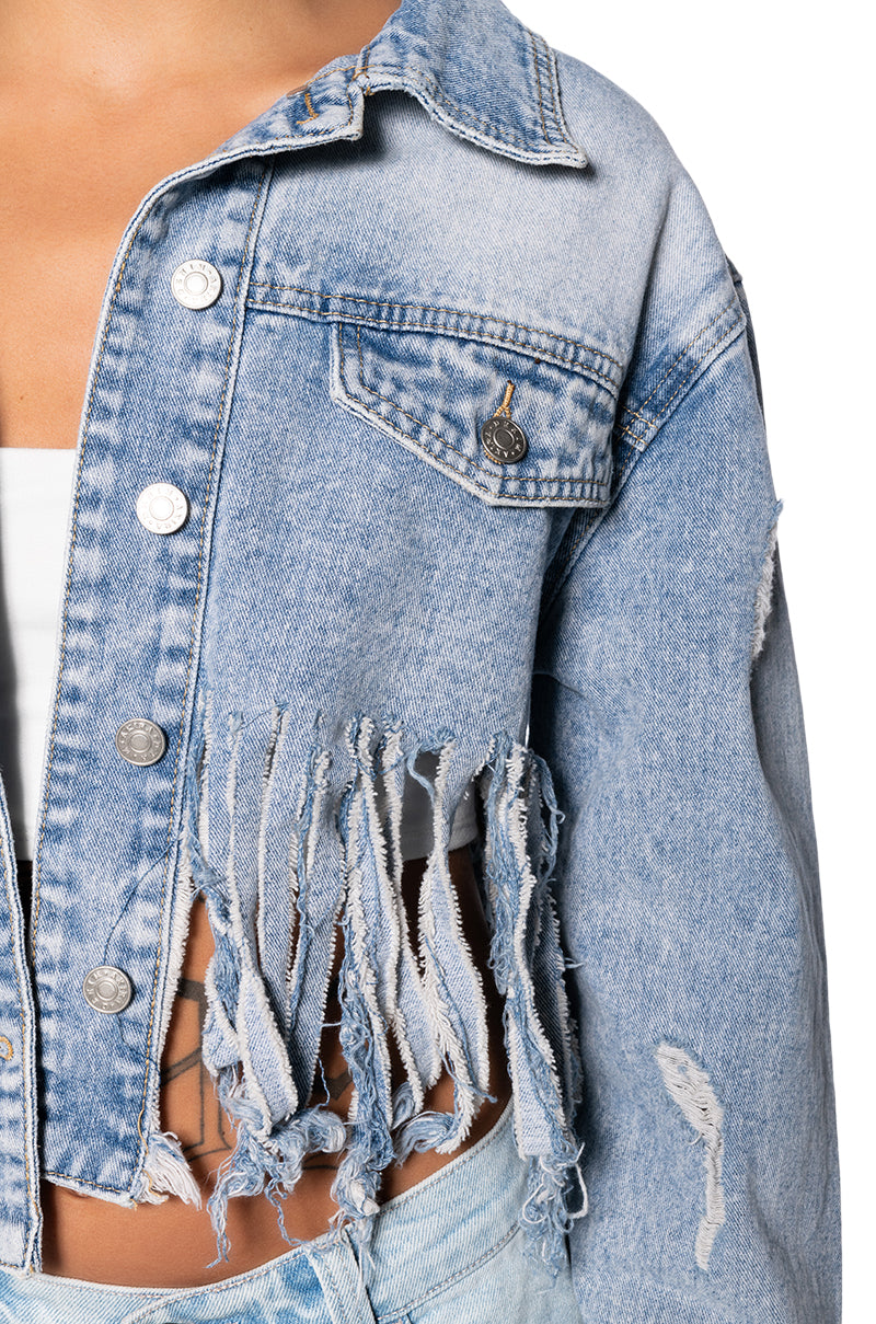 SHREDDED FRINGE CROPPED DENIM JACKET