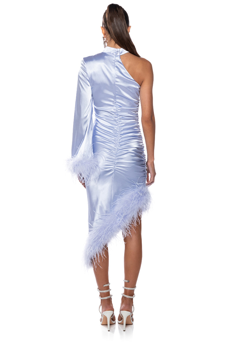 I LOVE IT FEATHER TRIM SATIN MIDI DRESS