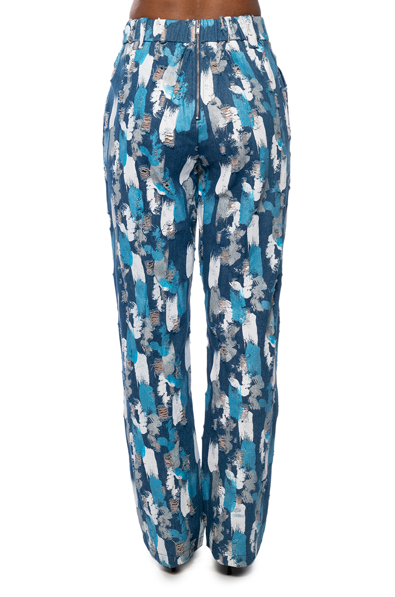 PAINTED BLUE HIGH WAIST WIDE LEG PANT