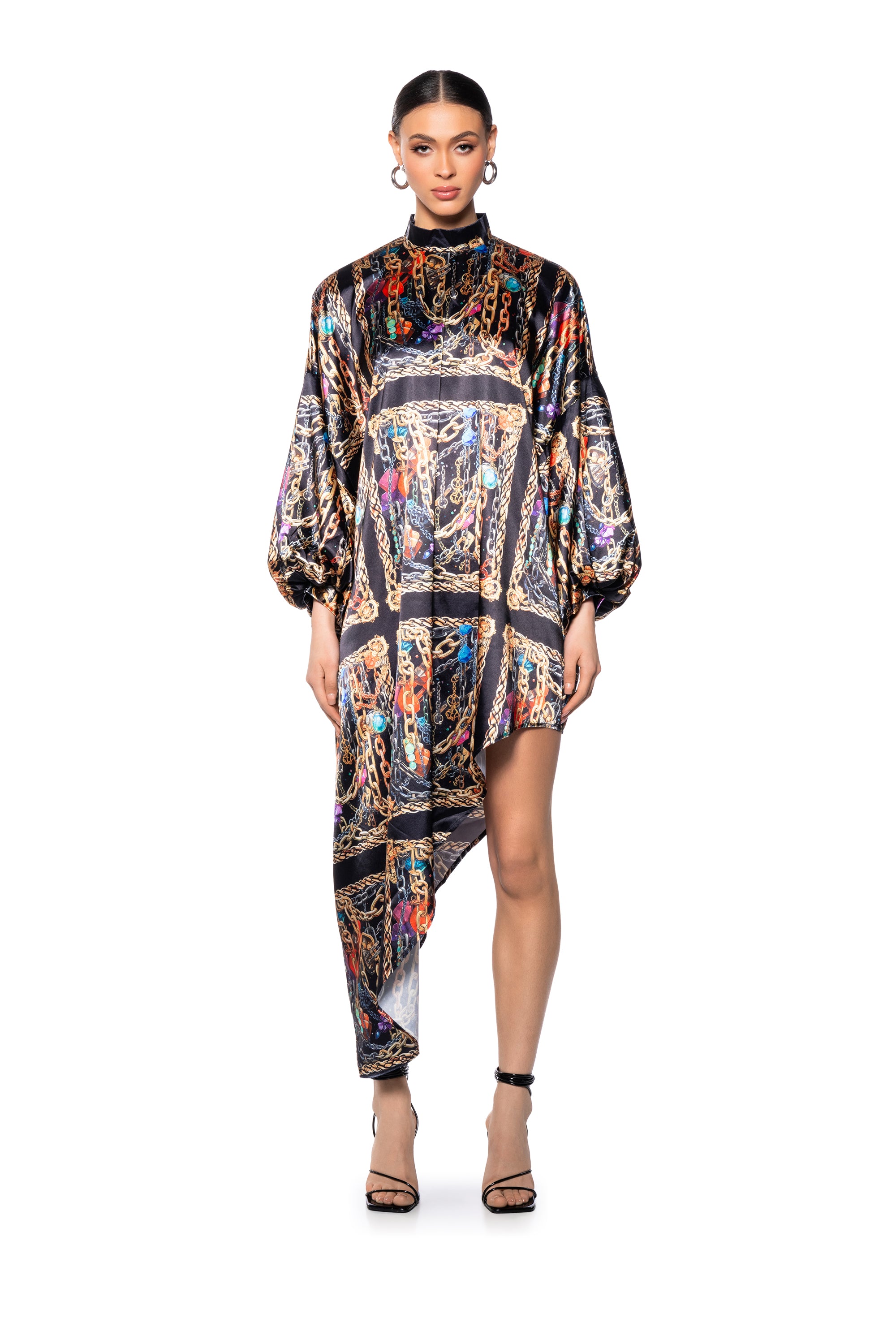 TROPICAL VACAY PRINTED SATIN MAXI DRESS