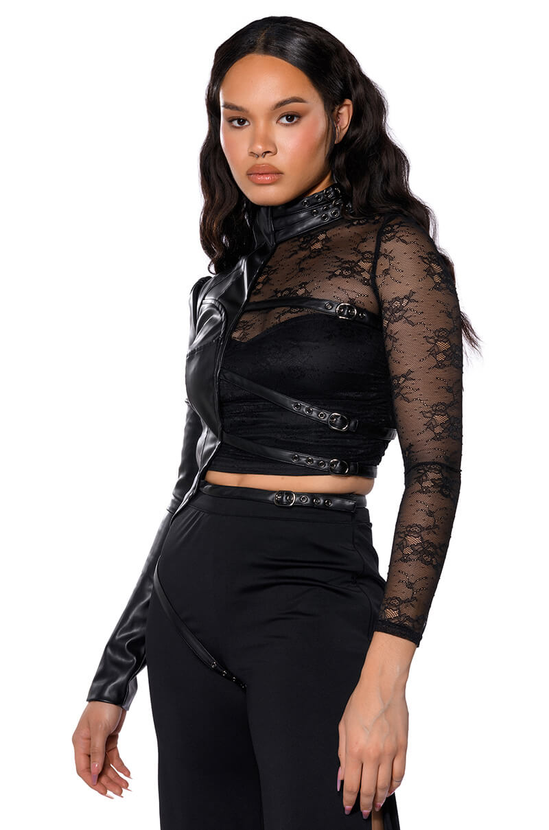 PRETTY RECKLESS FAUX LEATHER HALF THERE TOP IN BLACK