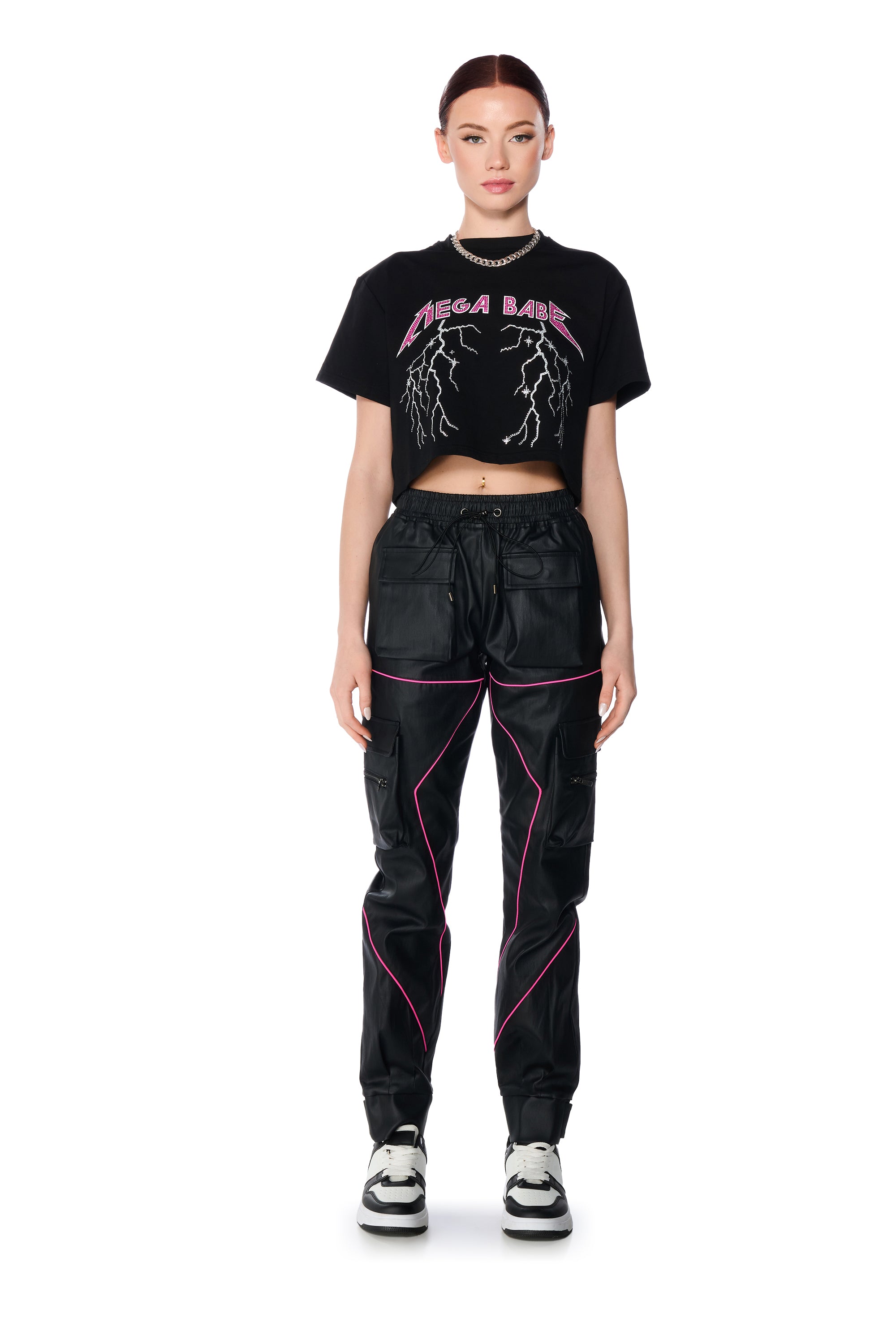 FAUX LEATHER JOGGER PANT WITH PINK PIPING