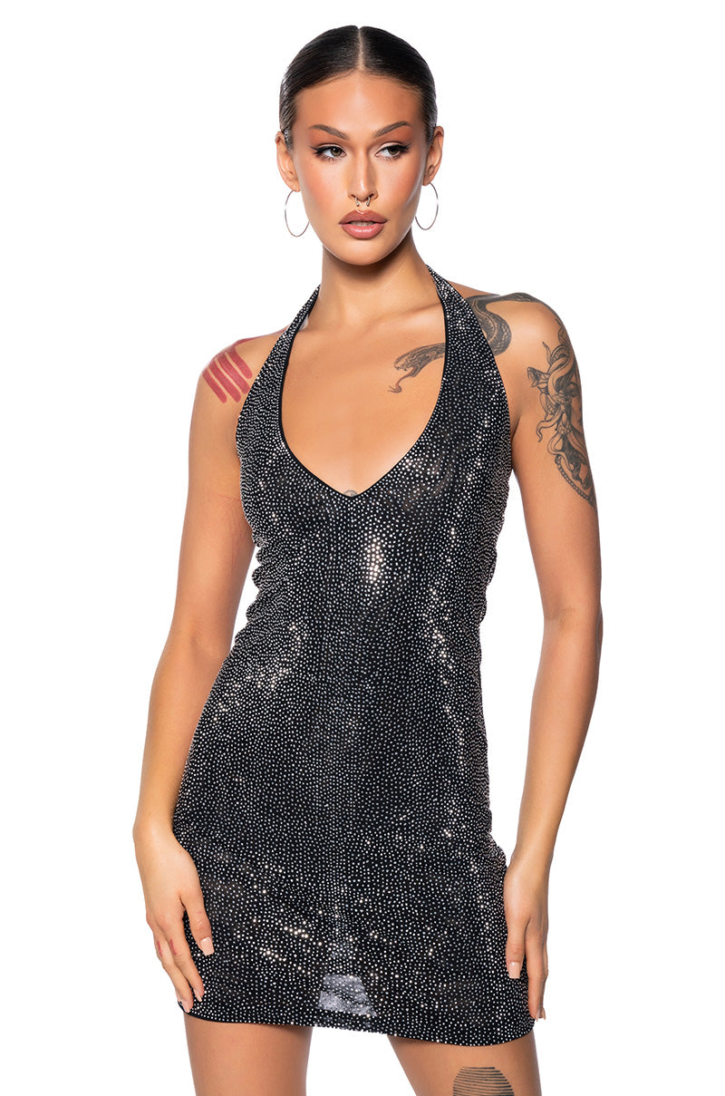 SHES GLOWING RHINESTONE MINI DRESS IN BLACK