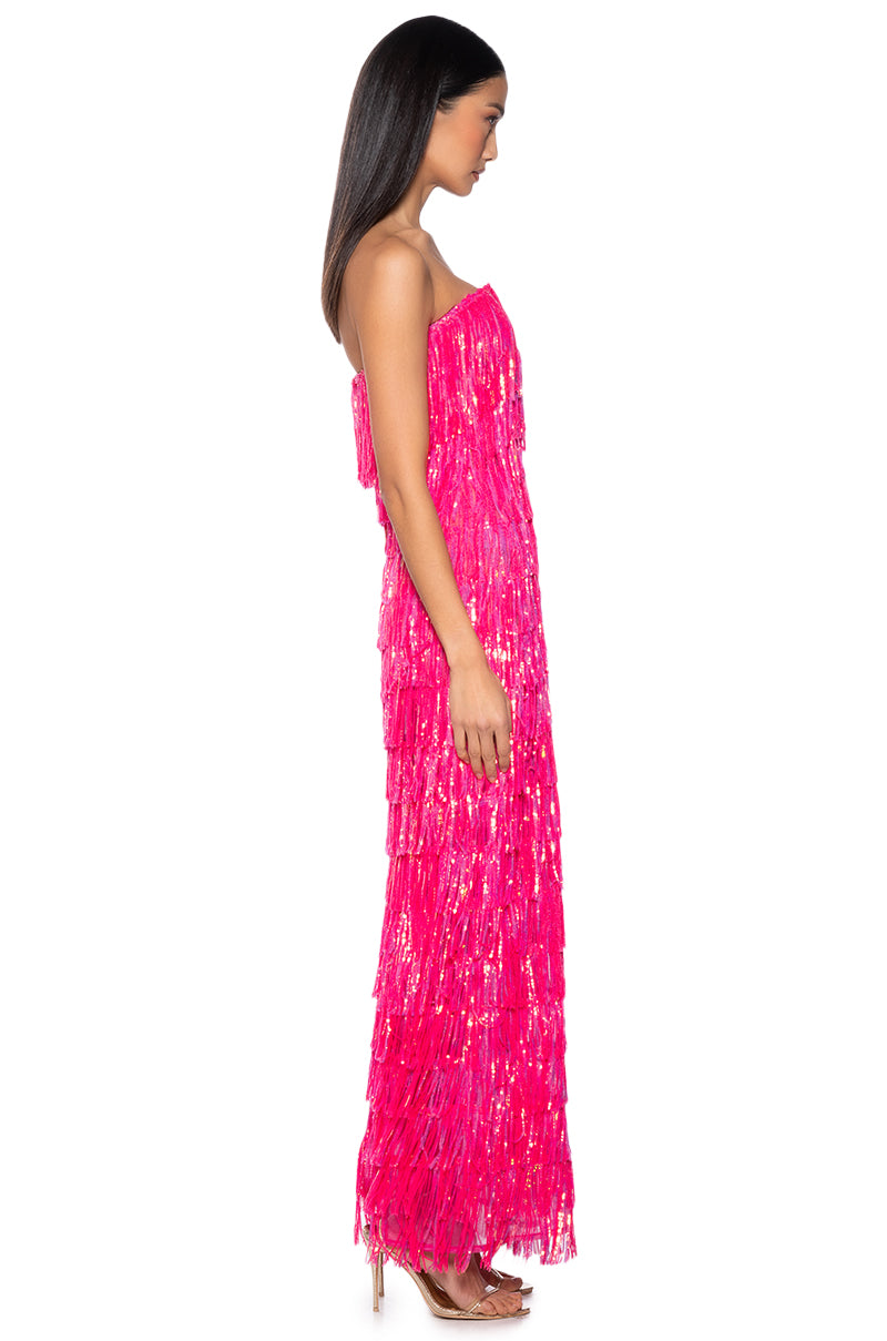 TOP OF THE WORLD STRAPLESS SEQUIN FRINGE MAXI DRESS IN FUCHSIA