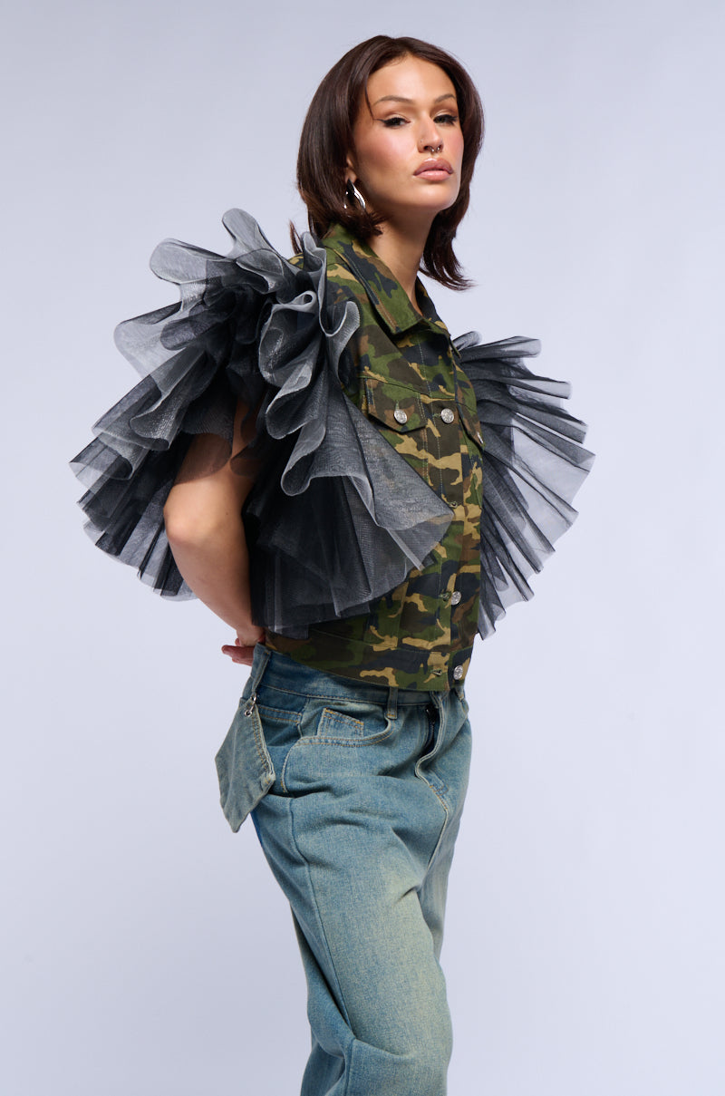 BEBE LUX TULLE SHOULDER CAMO VEST