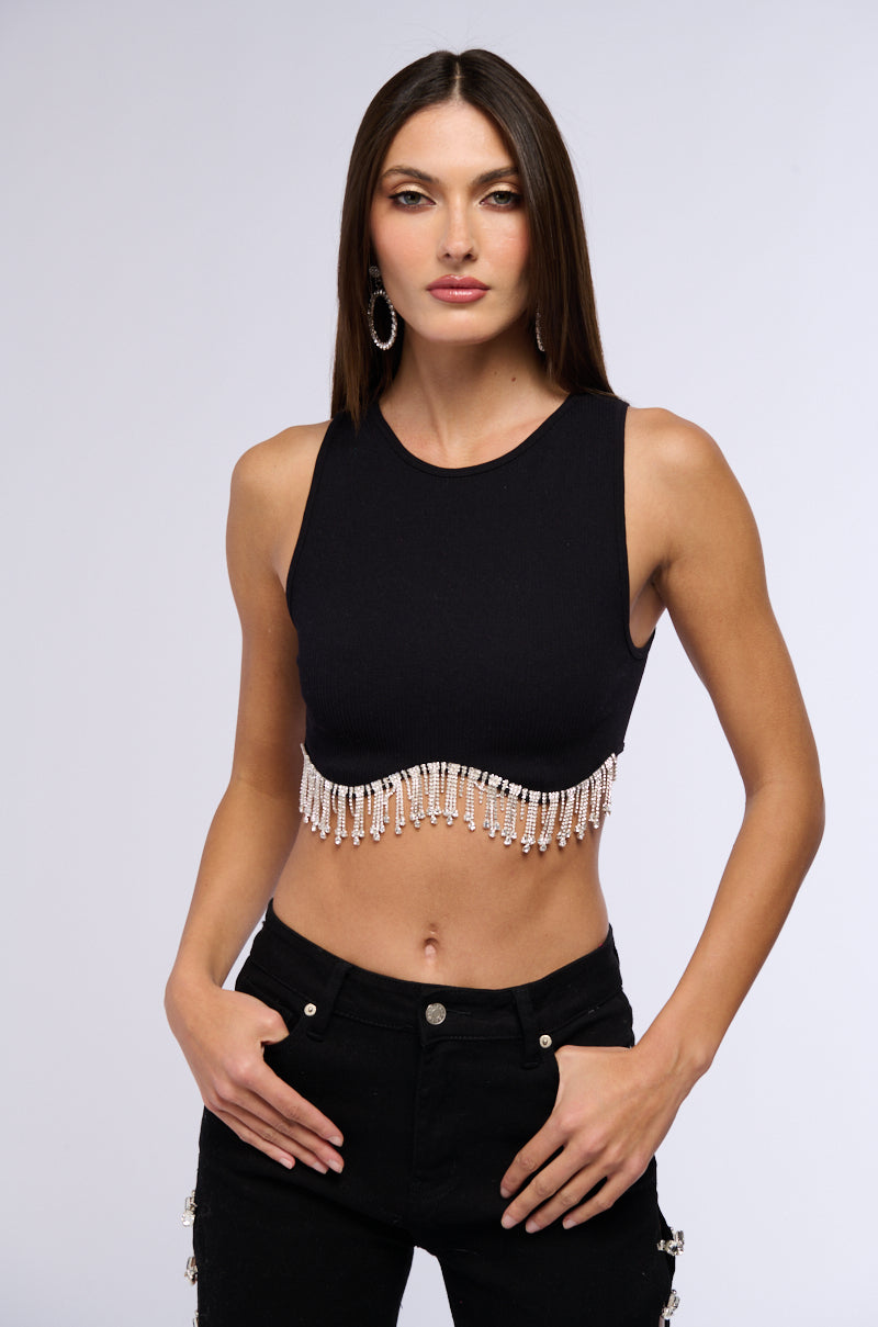 MAKE YOU BELIEVE IT RHINESTONE FRINGE TANK IN BLACK