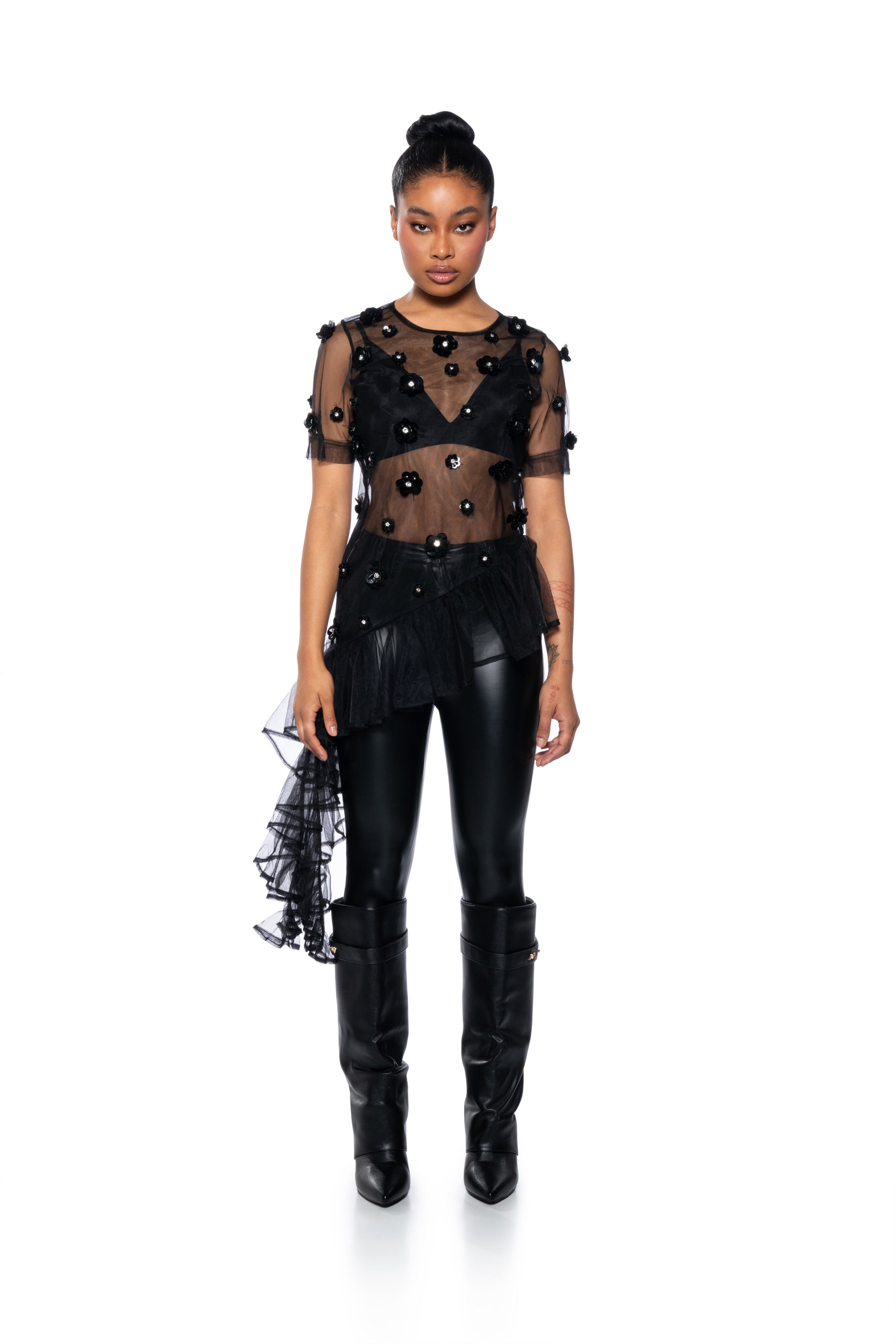 TOO GLAM EMBELLISHED ASYMMETRICAL TULLE TOP