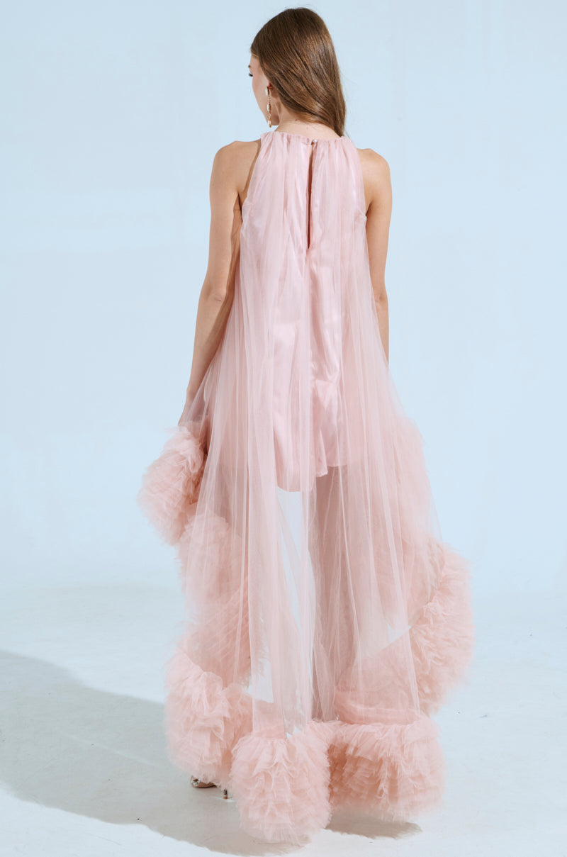 ARI TULLE RUFFLE HIGH LOW MINI DRESS IN BLUSH