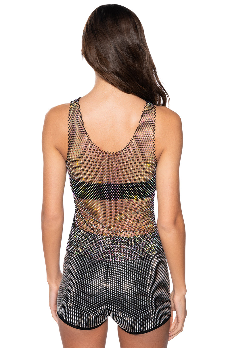 ANGEL SLEEVELESS RHINESTONE MESH TOP IN BLACK